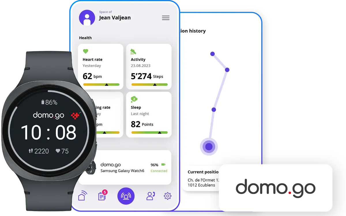 domo.go smartwatch next to the domo.health app showing heart rate, activity, breathing rate, sleep and location history