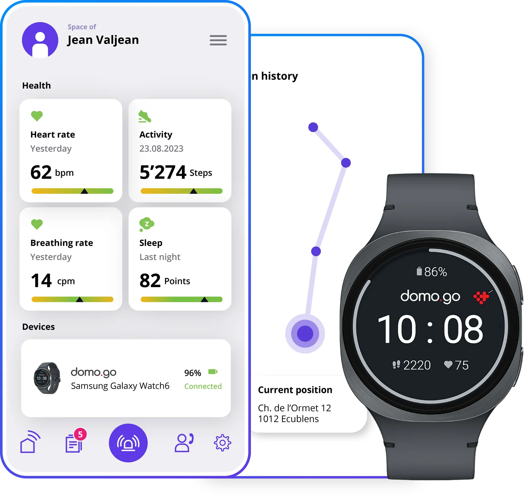 domo.health app showing a patient's heart rate, activity, breathing rate and sleep, with location history and a connected domo.go smartwatch