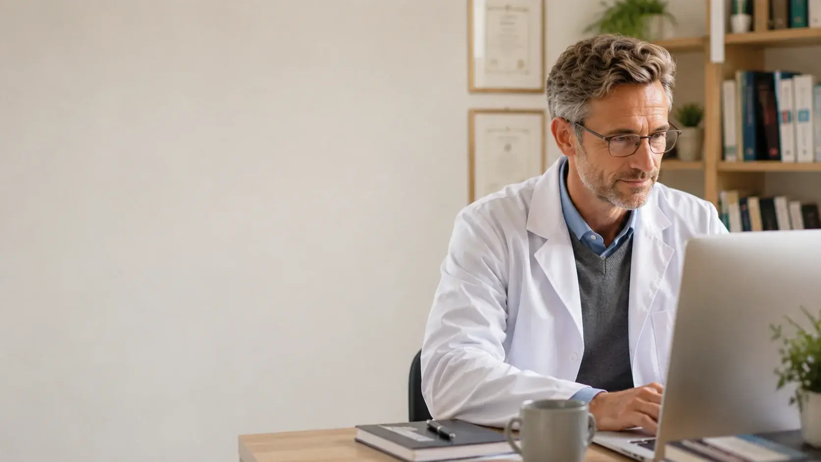 Doctor in a white coat working at a computer in his office