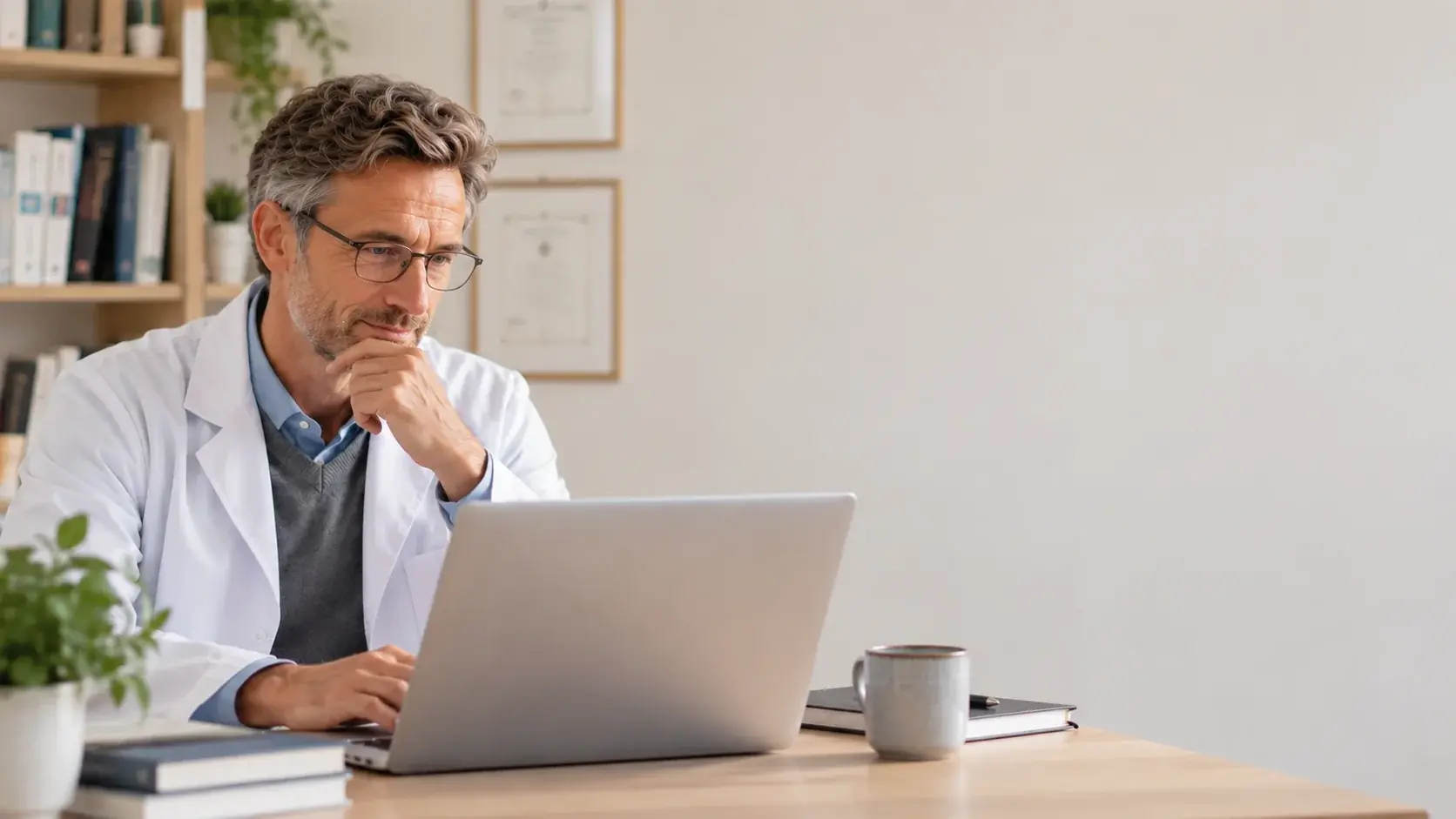 Doctor at his desk looking thoughtfully at a laptop