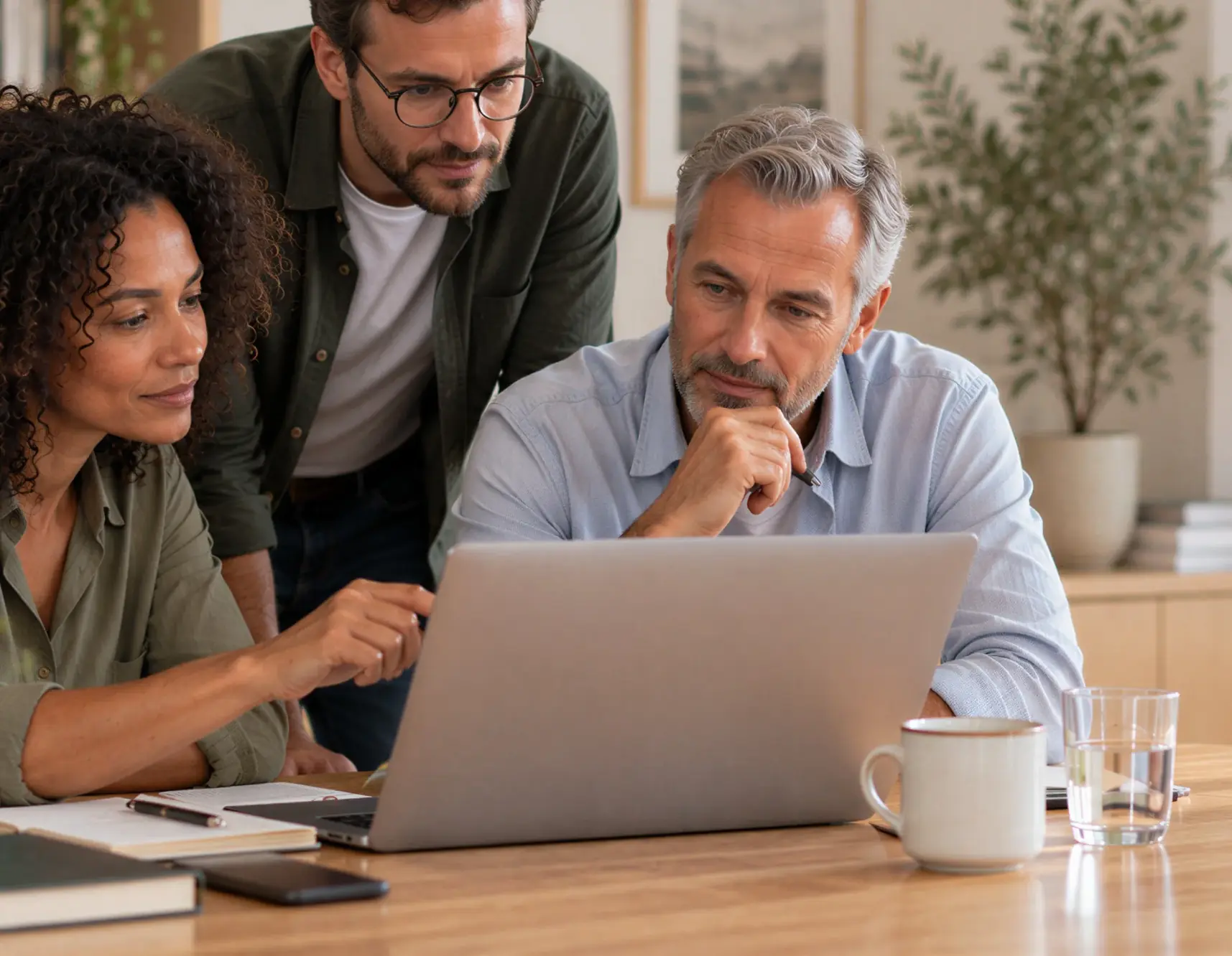 Three colleagues reviewing information together on a laptop
