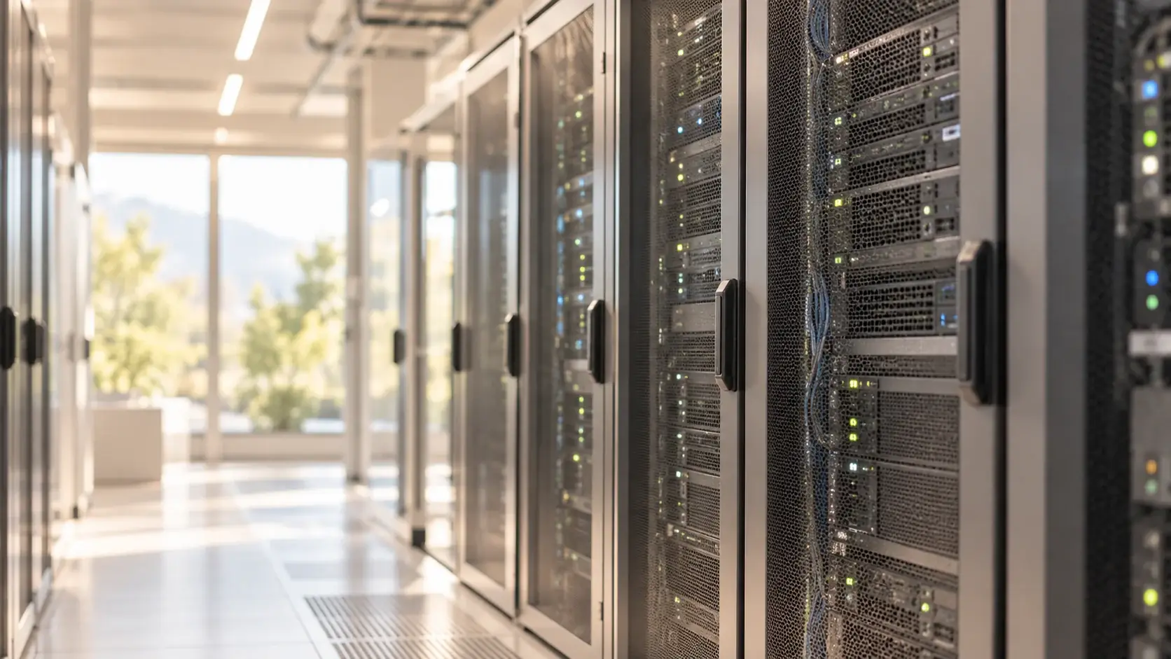 Rows of server racks in a bright data centre
