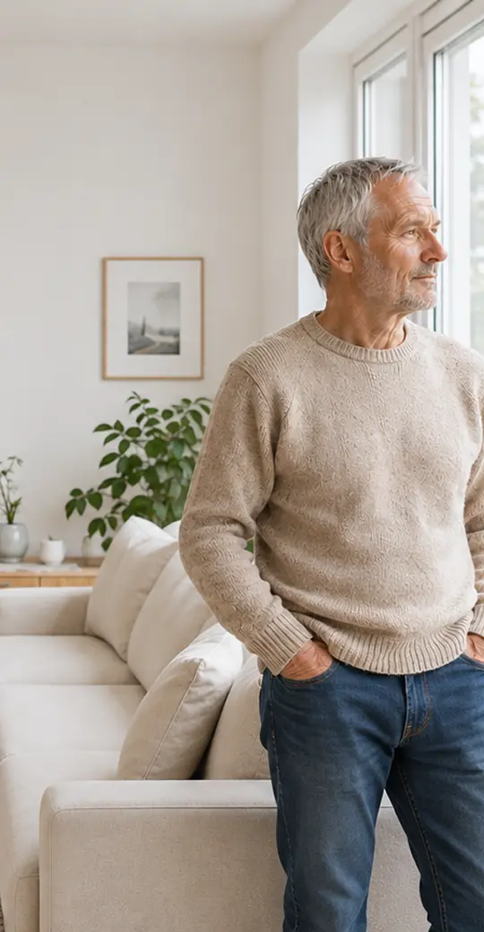 Older man in a beige sweater standing by the window of his bright living room