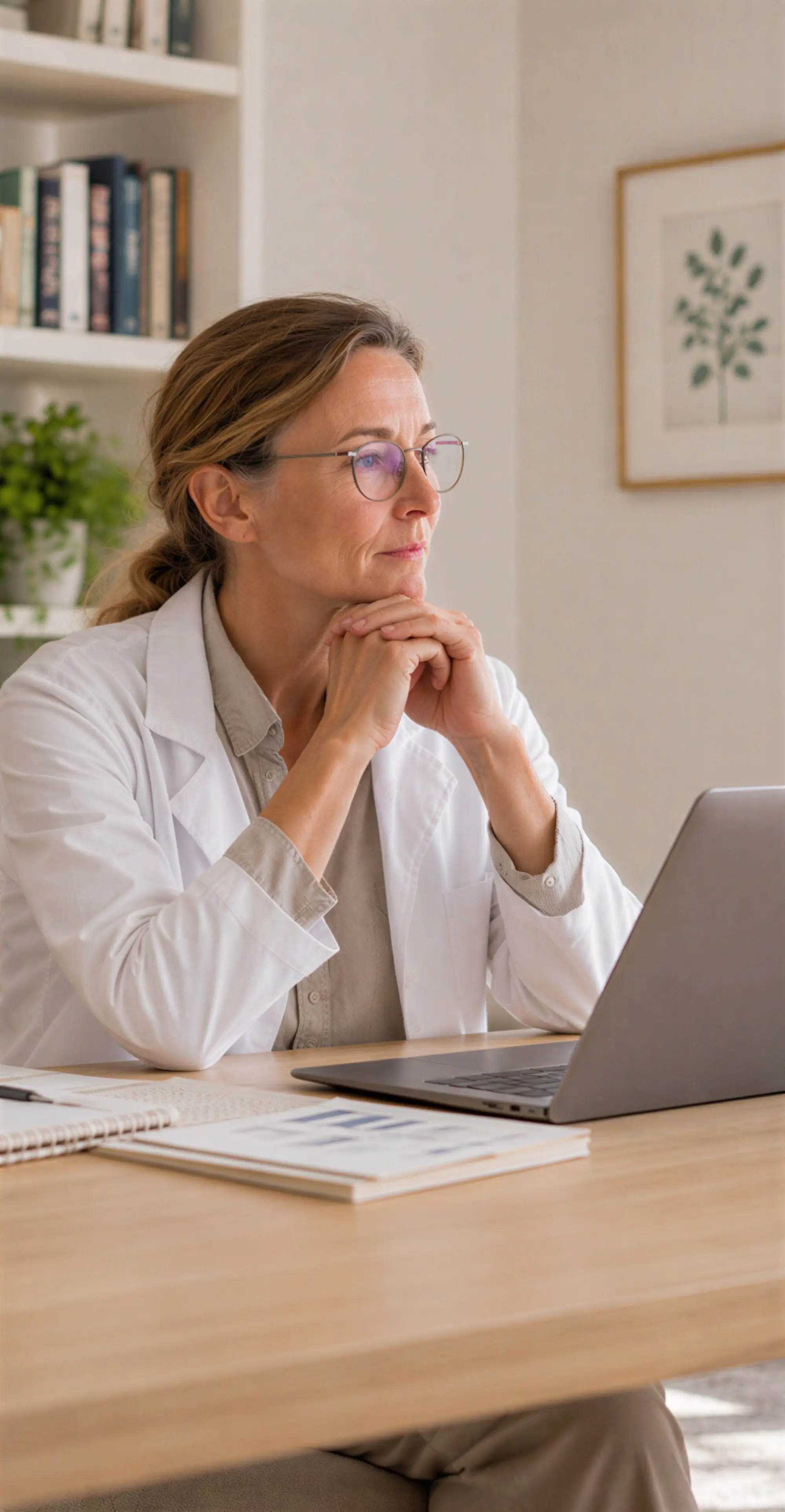 Doctor in a white coat sitting at her desk, thinking while looking at her laptop