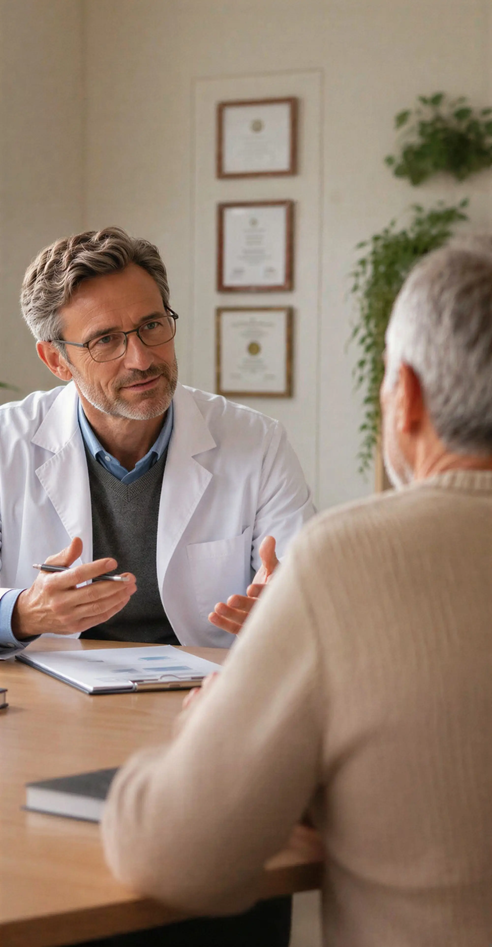 Doctor in a white coat talking with an older patient across a desk in a bright consultation room