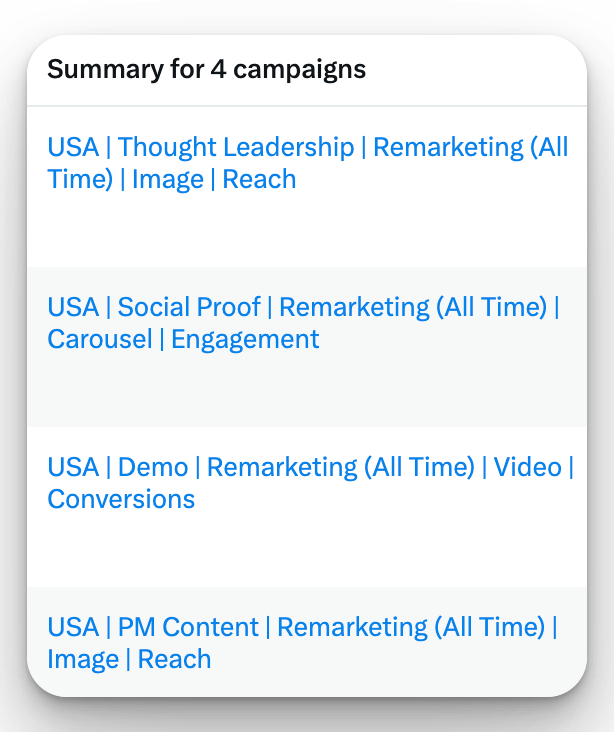 Campaign summary for a Twitter Ads B2B retargeting strategy including thought leadership, social proof, and conversions.