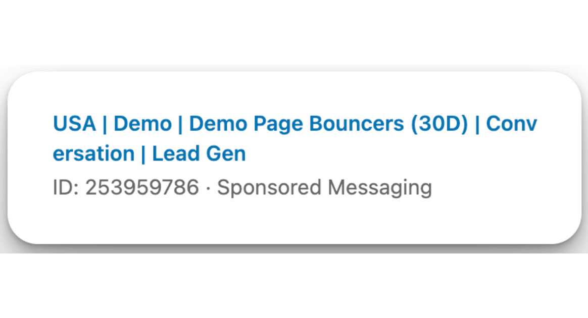 Details of a LinkedIn conversation ad campaign aimed at demo page bouncers for lead generation in a B2B retargeting strategy.