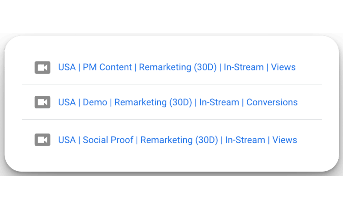 YouTube Ads in-stream video campaign list for 30-day B2B retargeting strategy with product marketing content and social proof