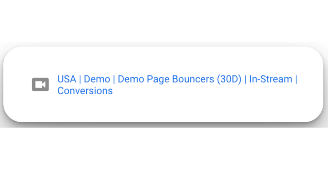 Single YouTube Ads campaign summary for demo page bouncers focused on conversions in a B2B retargeting strategy.