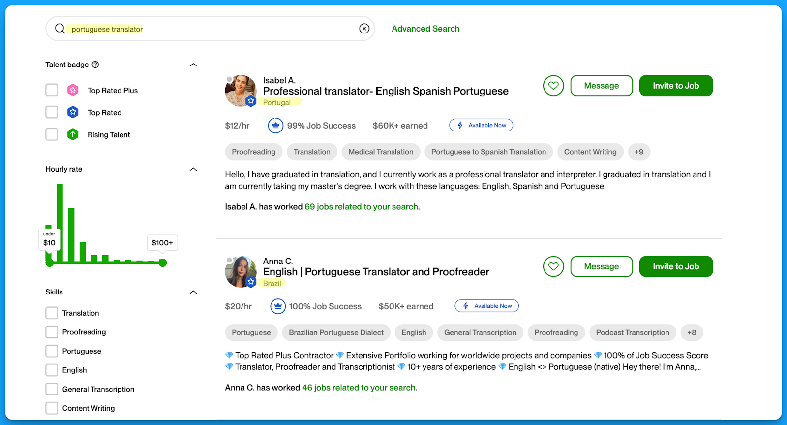 Search results for Portuguese translators on a freelance platform called UpWork