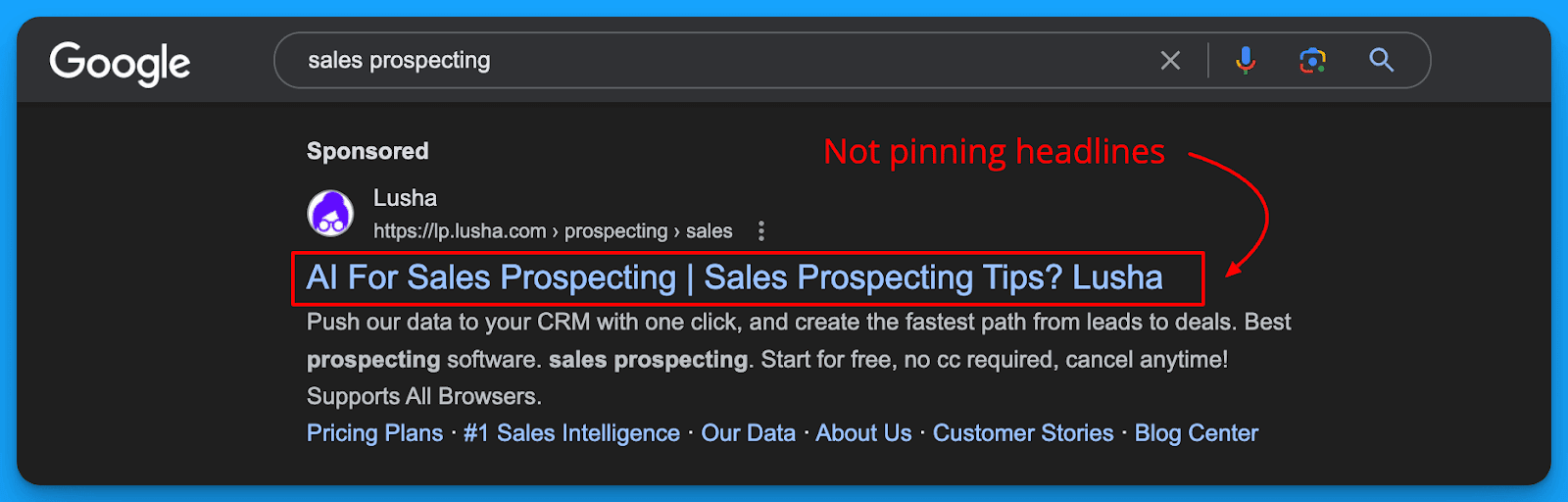 Google search result for sales prospecting showing Lusha’s responsive search ad with unpinned headlines.