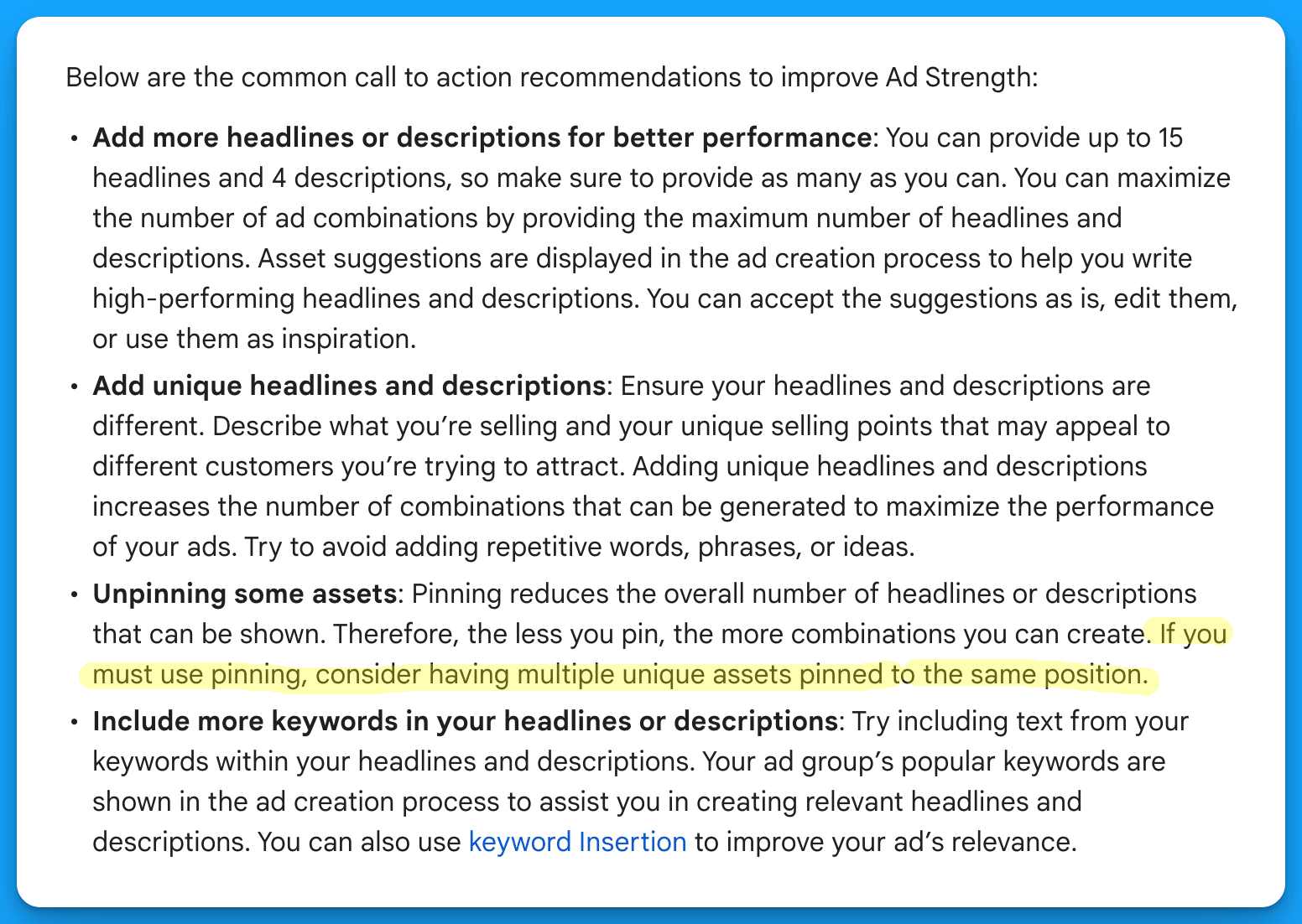 Google Ads responsive search ad tips for improving ad strength by adding more unique headlines and keywords.