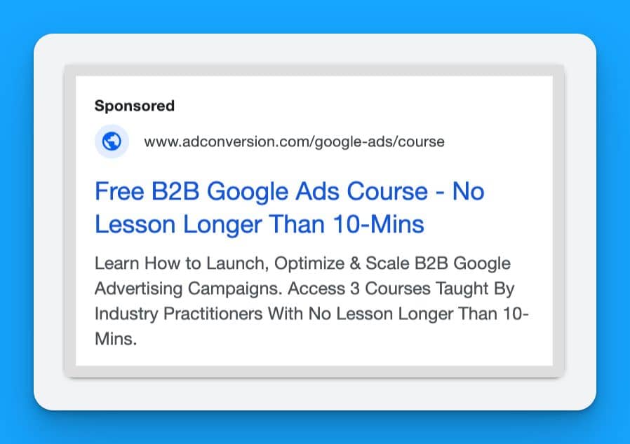 google ads responsive search ad promoting a free B2B Google Ads course with lessons under 10 minutes from adconversion.com.