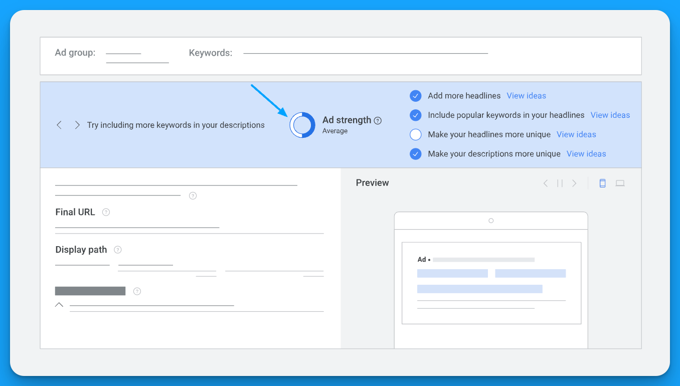 Google Ads responsive search ad setup showing ad strength and suggestions for improvement