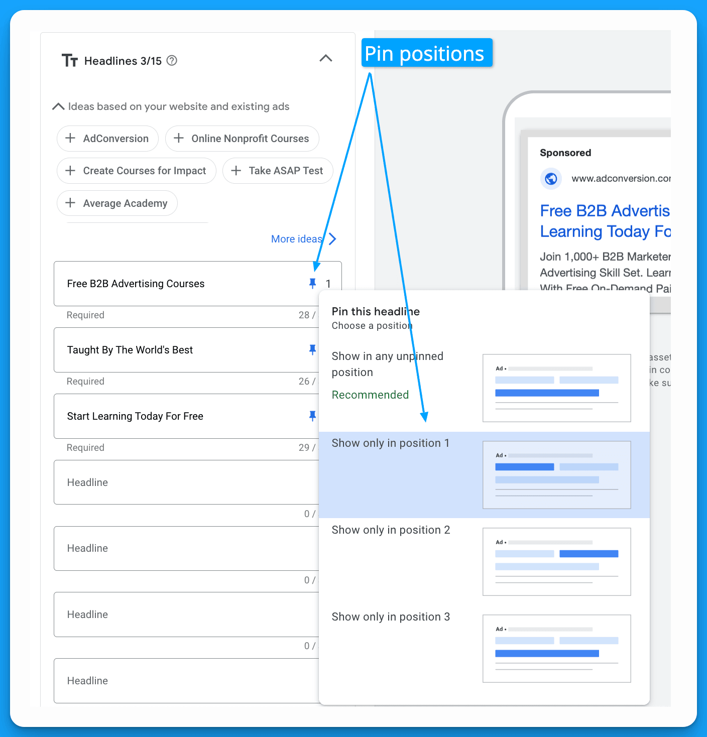 Google Ads responsive search ad preview for free B2B advertising courses featuring pinned headlines and descriptions.