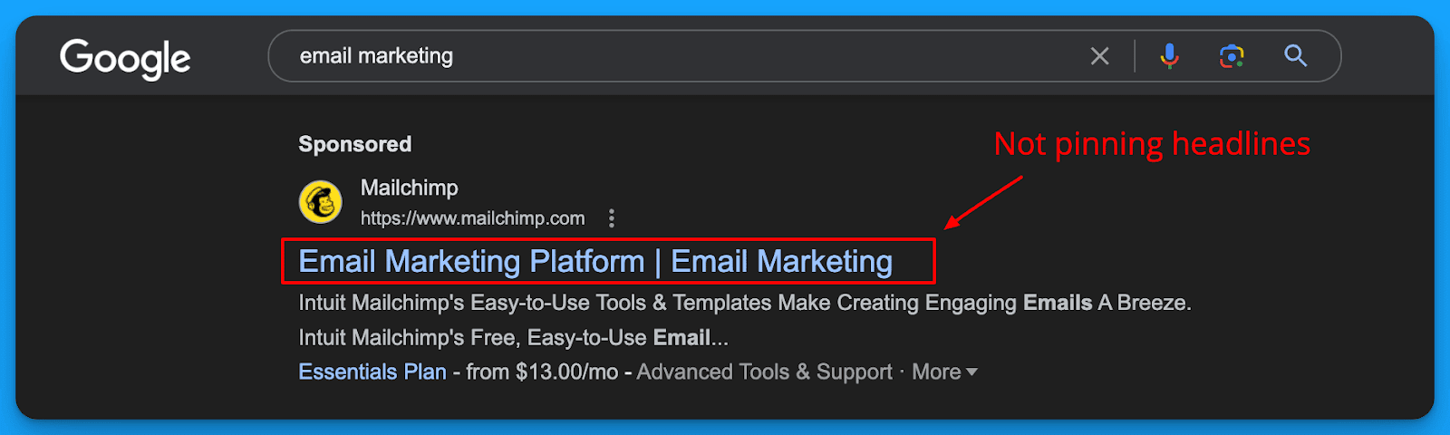 Google search result for email marketing featuring a responsive search ad by Mailchimp with unpinned headlines.