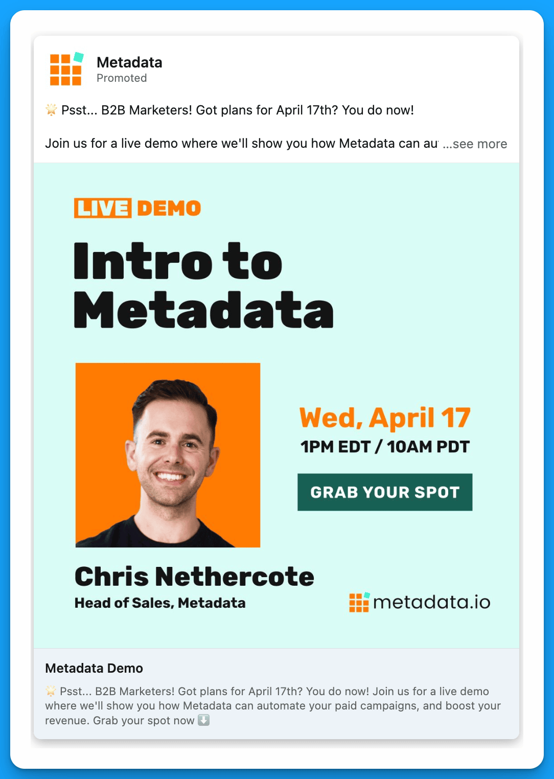 LinkedIn ad by Metadata promoting a live demo with Chris Nethercote on April 17 for B2B marketers.