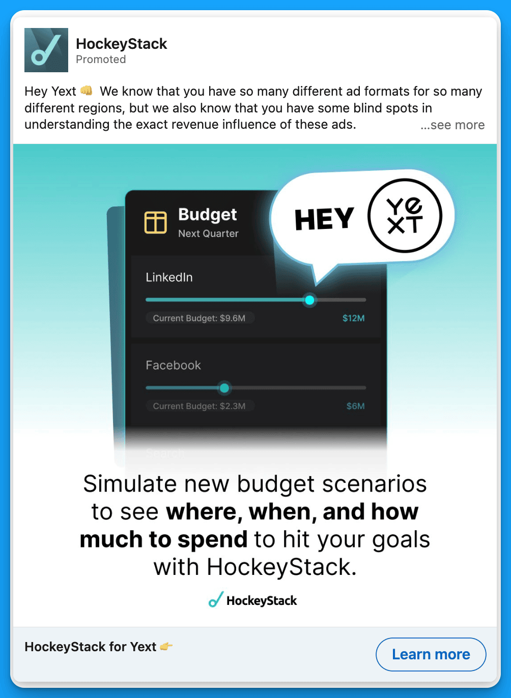 LinkedIn ad by HockeyStack for Yext highlighting budget simulation for optimizing ad spending.