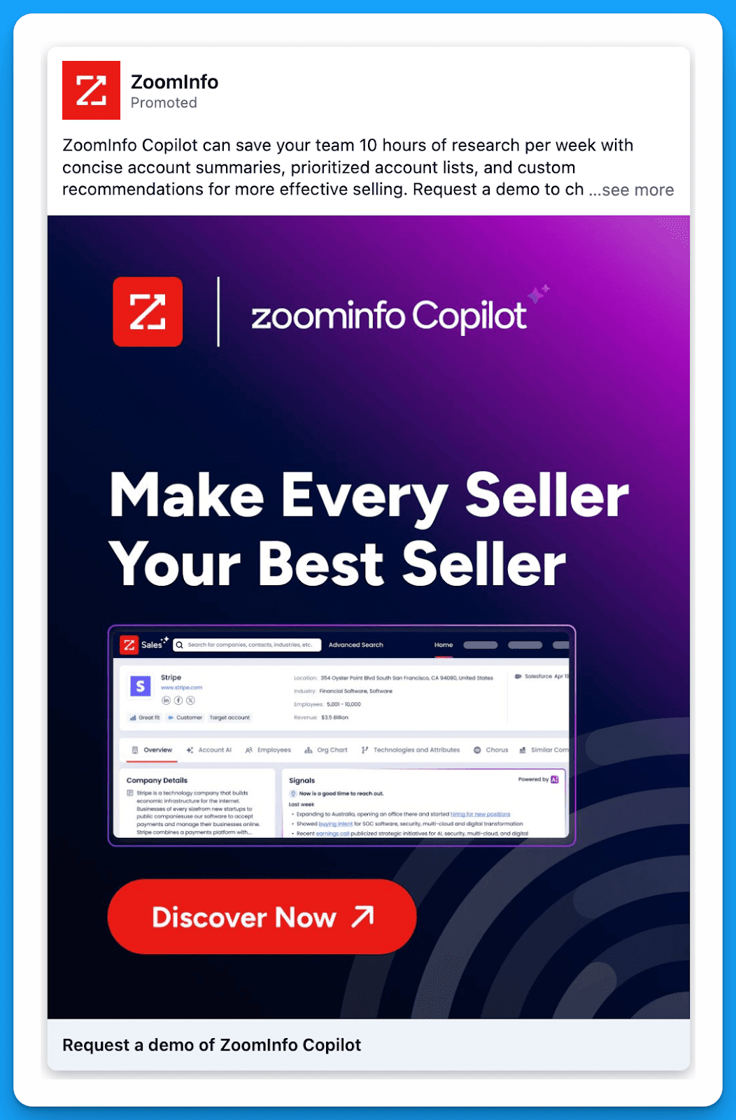 LinkedIn ad by ZoomInfo promoting Copilot tool to enhance sales efficiency with account summaries.