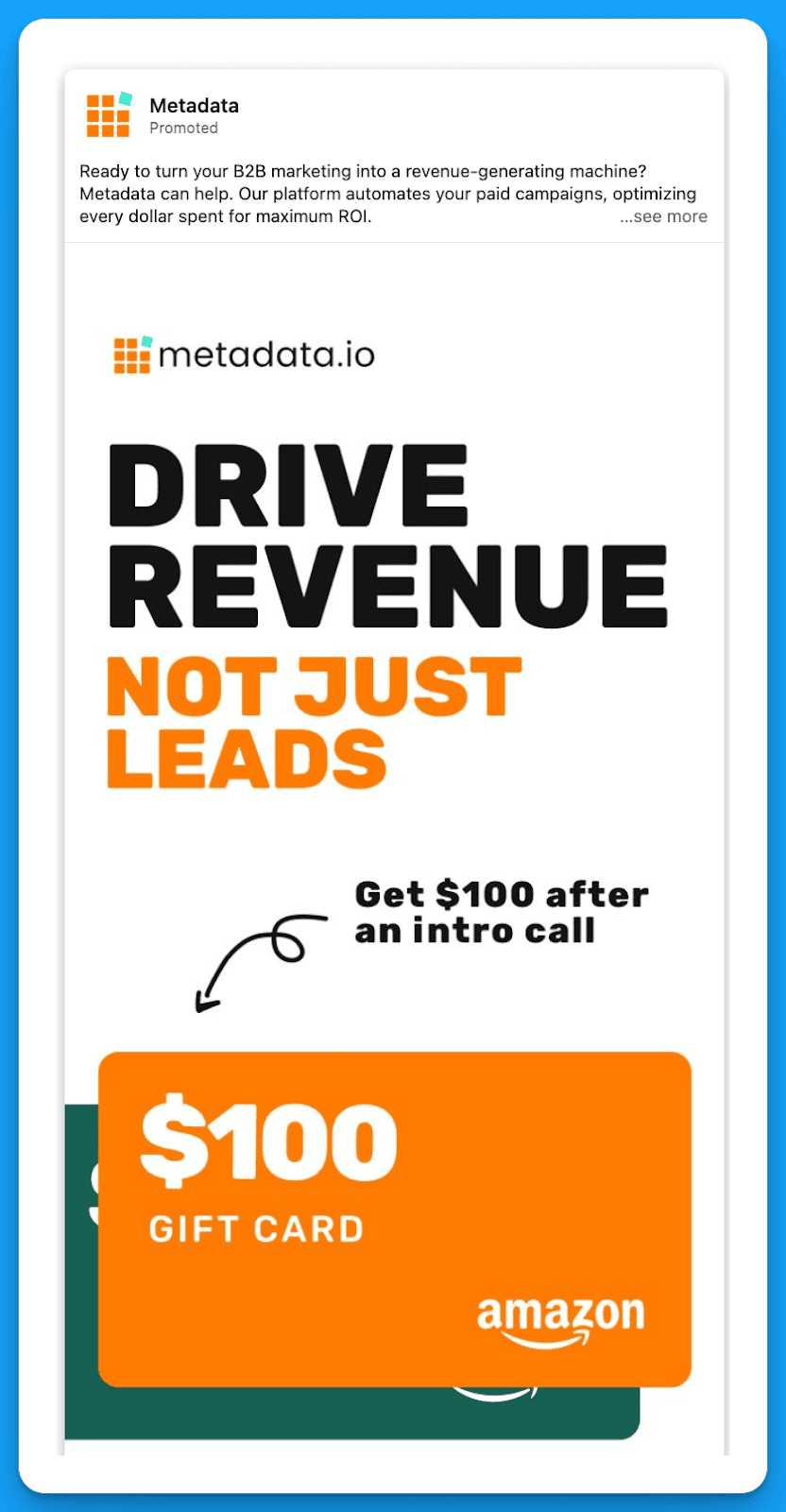 LinkedIn ad by Metadata.io offering a $100 Amazon gift card for B2B marketers after an intro call