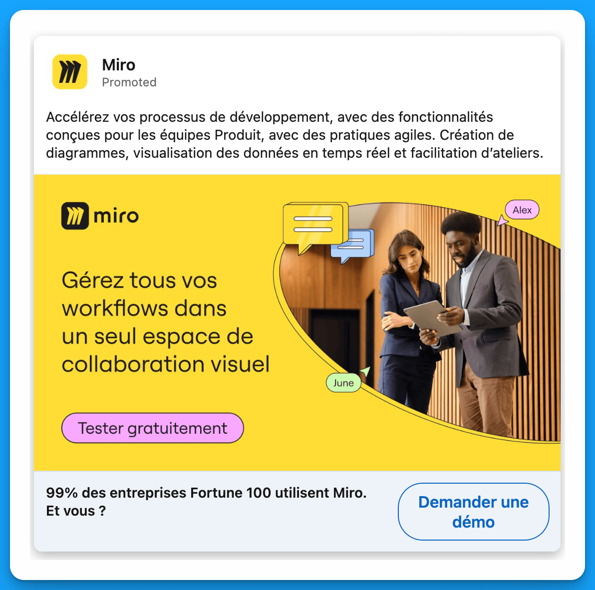 Localized LinkedIn ad by Miro promoting visual collaboration tools for managing workflows in French