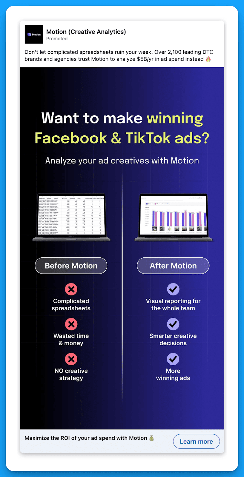 LinkedIn ad by Motion promoting tools for winning Facebook and TikTok ads with creative analytics.