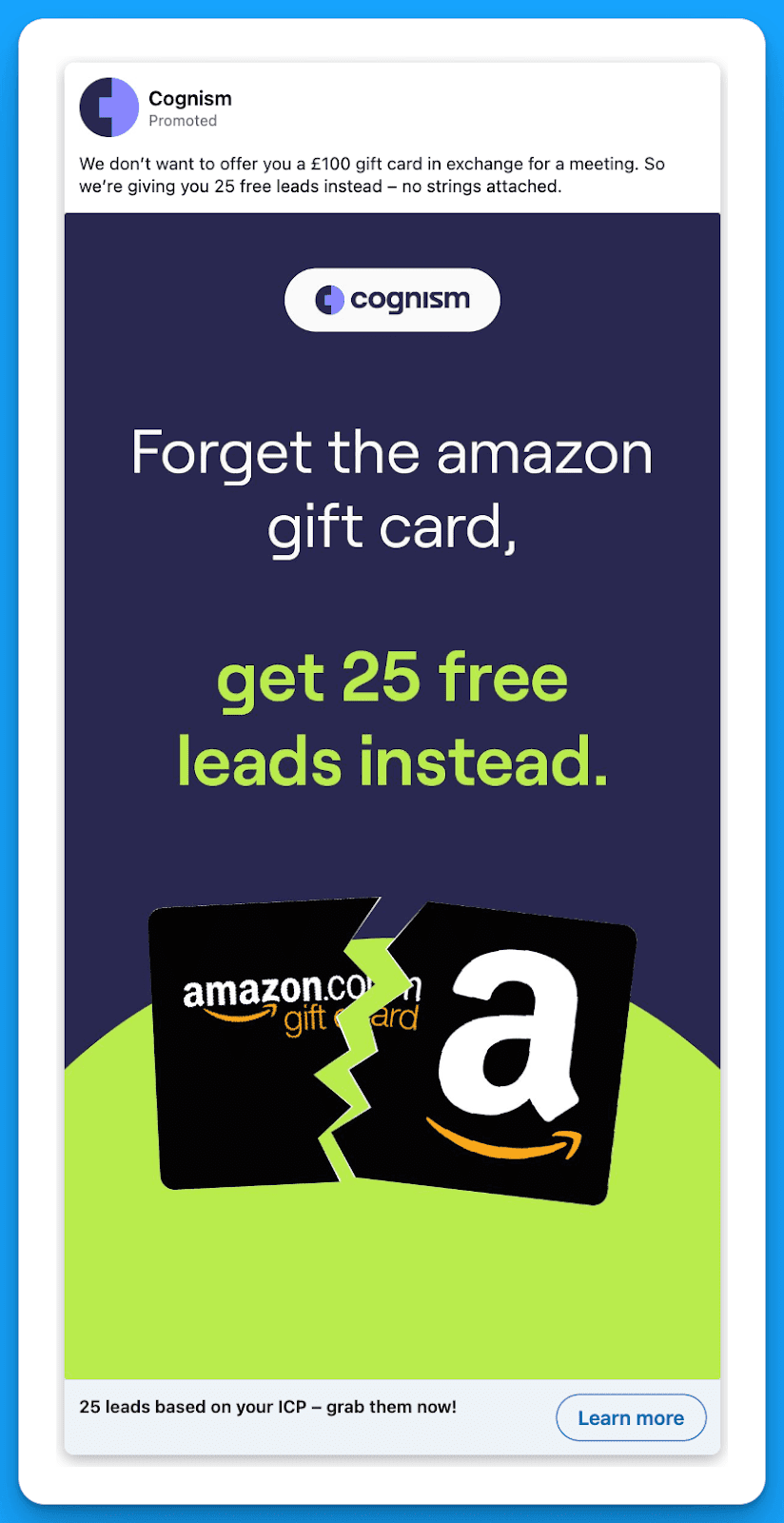 LinkedIn ad by Cognism offering 25 free leads instead of a £100 Amazon gift card after an intro call