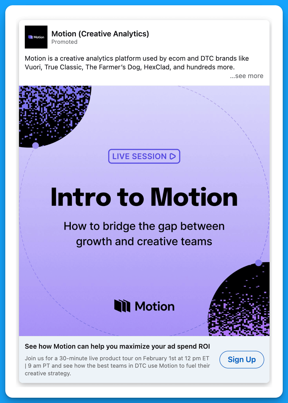 LinkedIn ad by Motion for a live session on bridging growth and creative teams