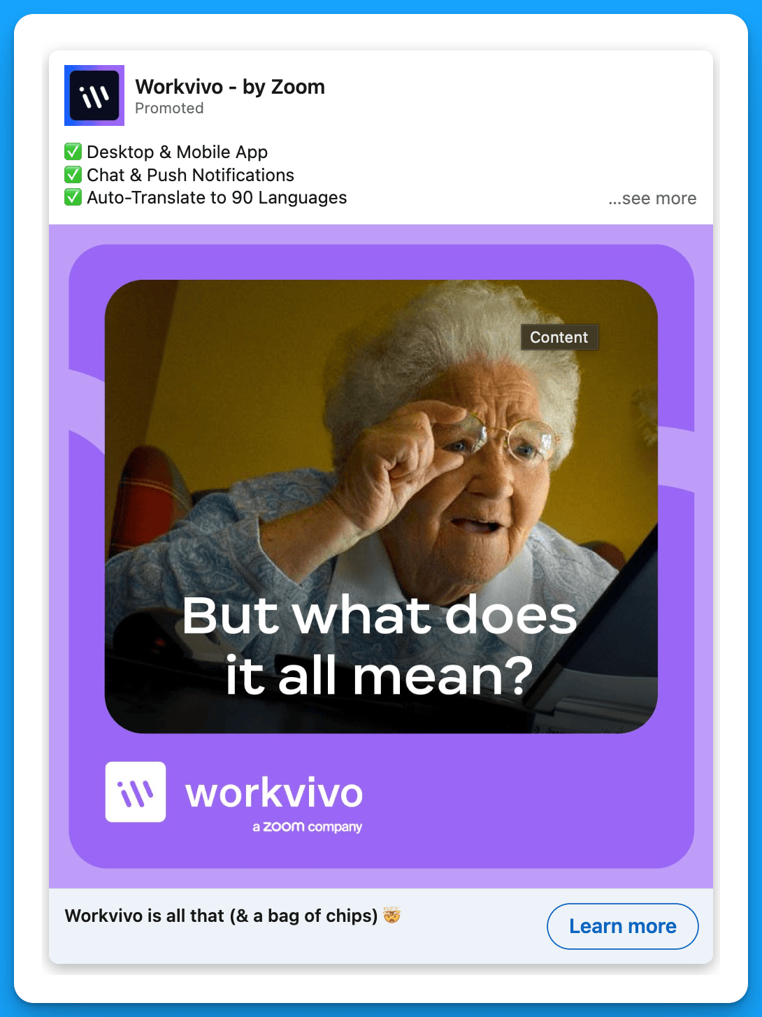 LinkedIn ad by Workvivo highlighting features like mobile app and auto-translate with a humorous image.