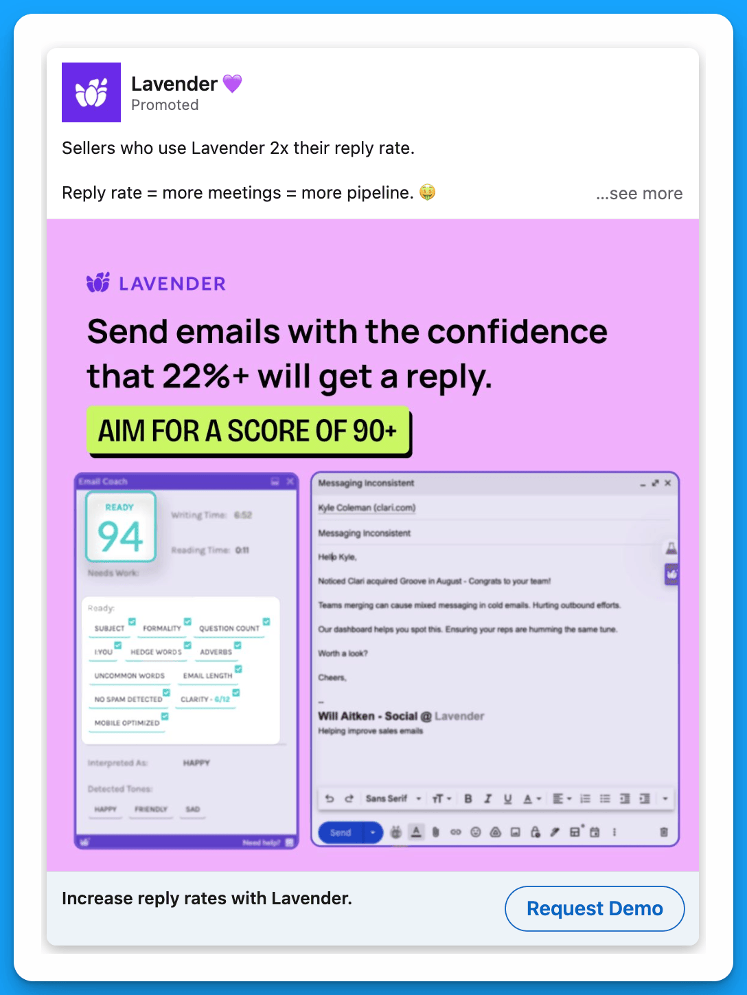 LinkedIn ad by Lavender promoting increased email reply rates with a goal of a score of 90+.