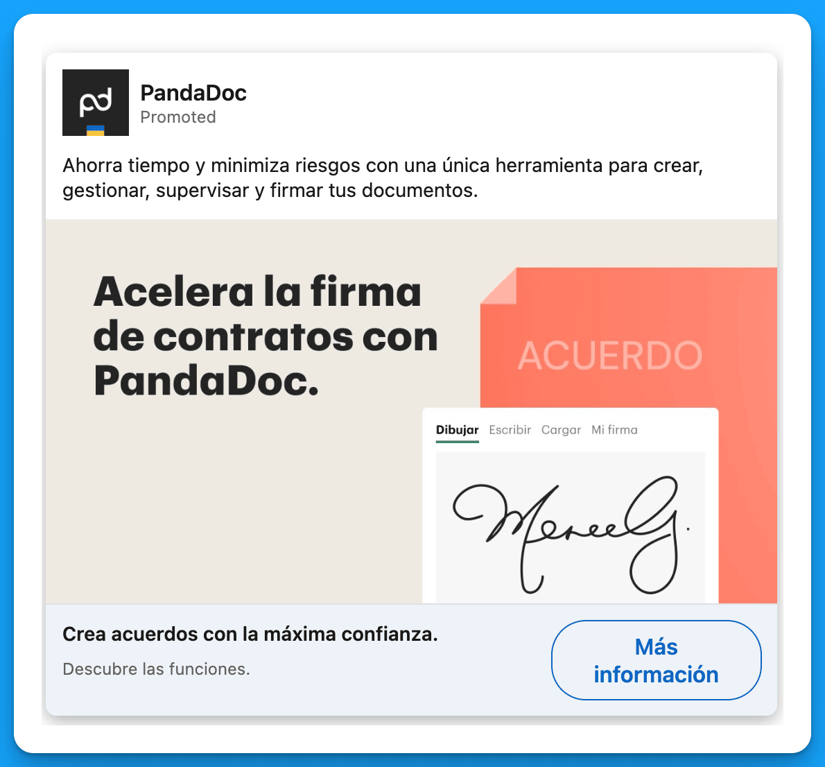 Localized LinkedIn ad by PandaDoc promoting fast contract signing and document management in Spanish.