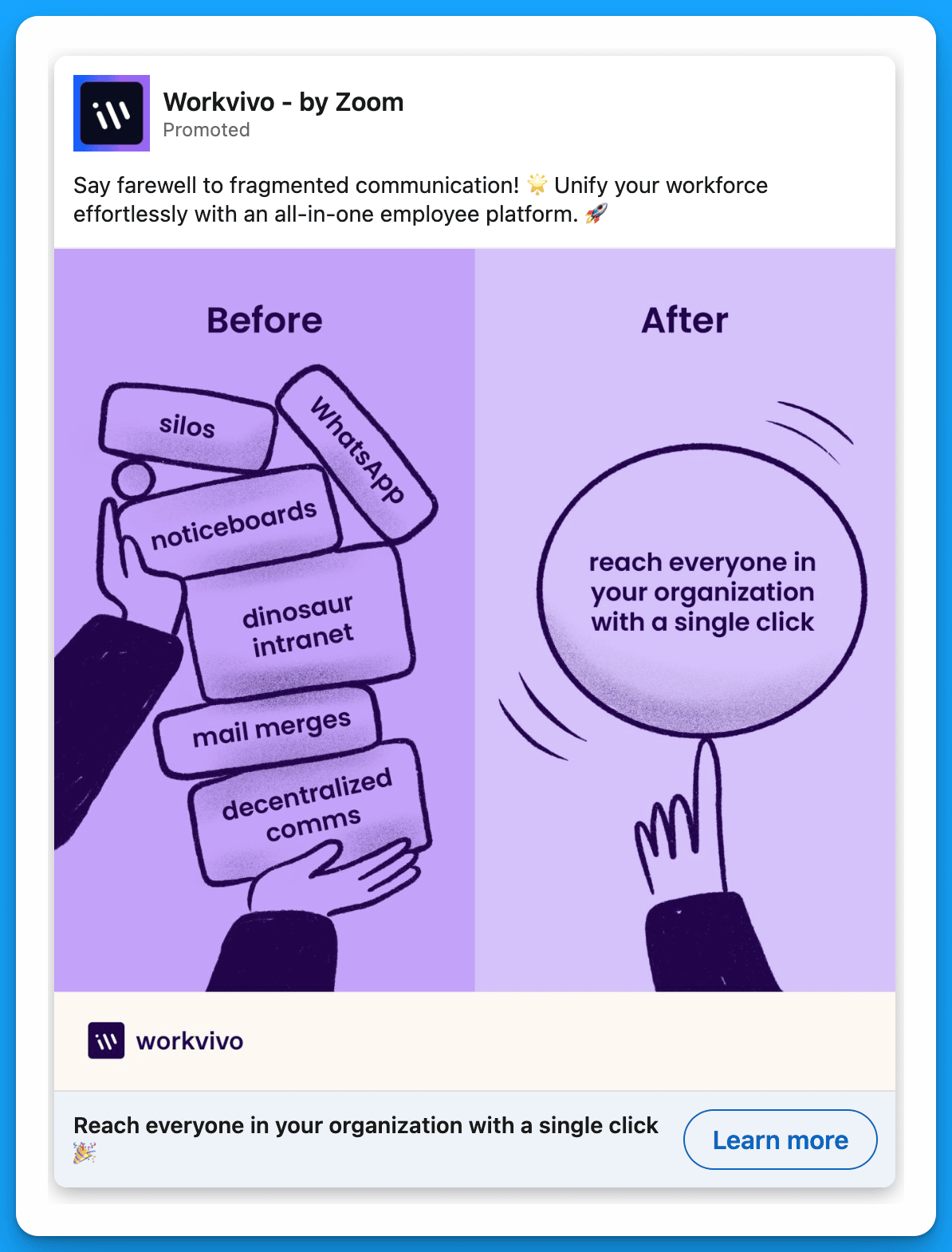 LinkedIn ad by Workvivo promoting unified workforce communication with an all-in-one platform.