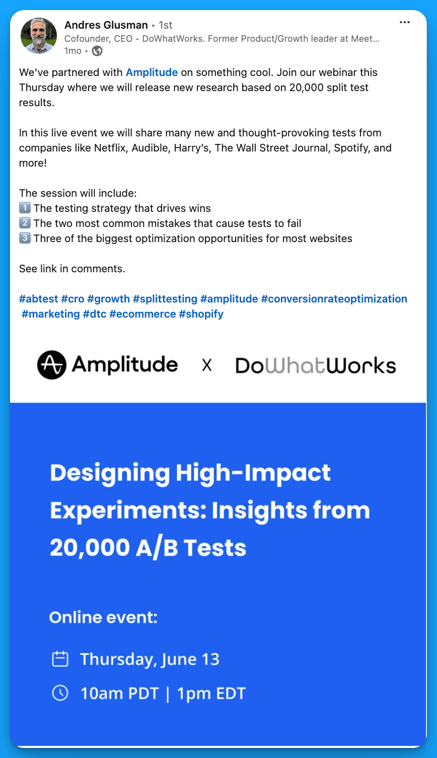 LinkedIn ad for a webinar by Amplitude and DoWhatWorks on insights from 20,000 A/B tests, featuring strategies, mistakes, and optimization.