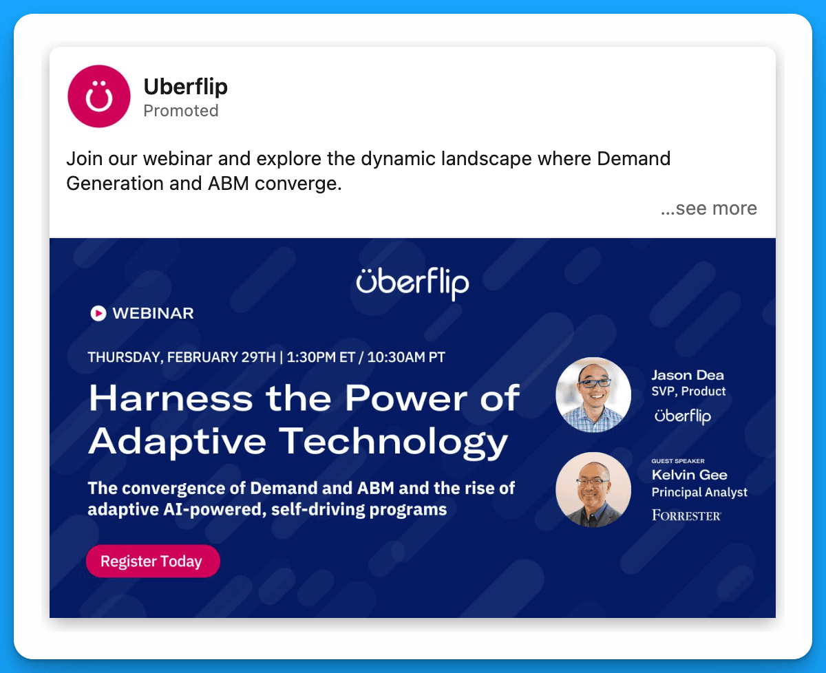 LinkedIn ad for Uberflip webinar on adaptive technology in demand generation and ABM, featuring speakers Jason Dea and Kelvin Gee.