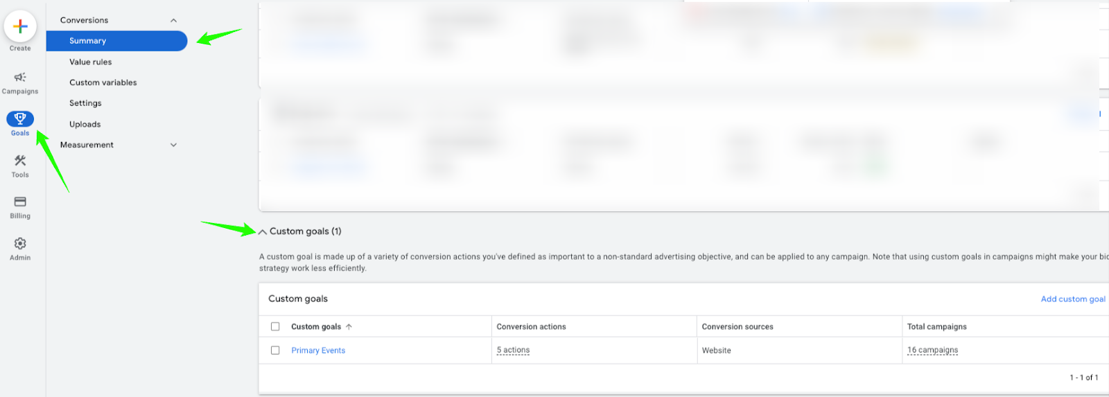 google ads goals summary with custom goals and conversion actions across 16 campaigns