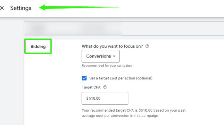 Google Ads settings page showing bidding options with target CPA set at $510 for conversion focus.