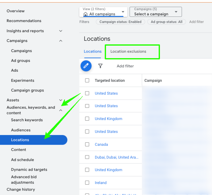 Google Ads interface showing location settings with options for targeting and location exclusions.