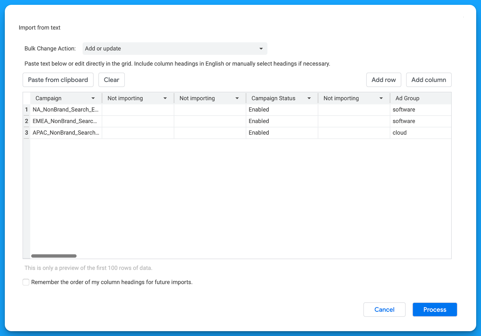 Screenshot of Google Ads Editor import window with a table listing campaigns, statuses, and ad groups for software and cloud.