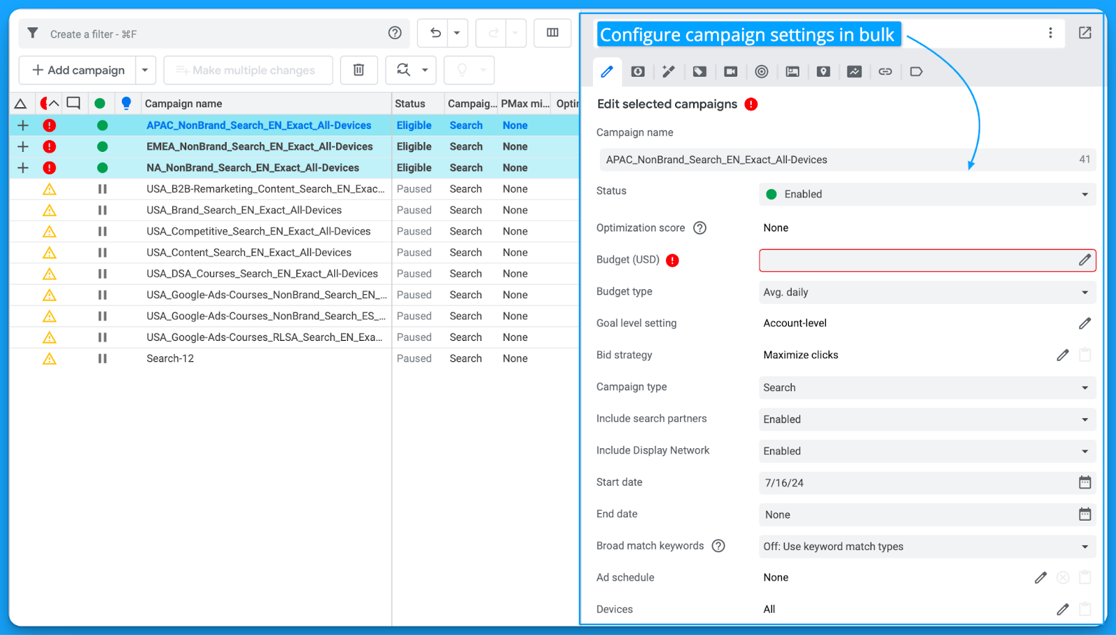 Screenshot of Google Ads Editor showing campaign settings in bulk. Lists campaigns with statuses and options to edit details like budget and bid strategy.