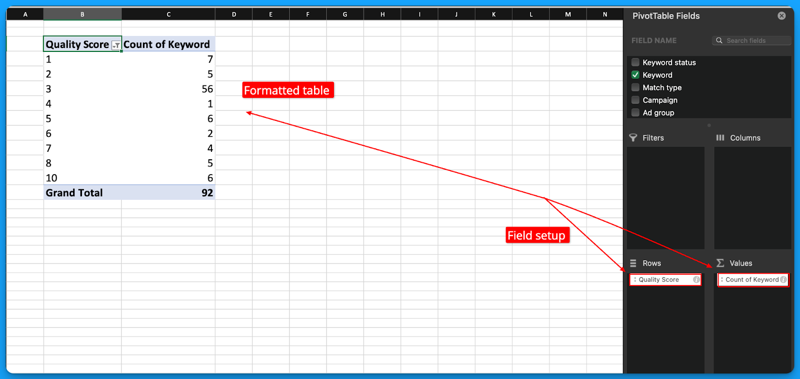 reporting on google ads quality score in excel