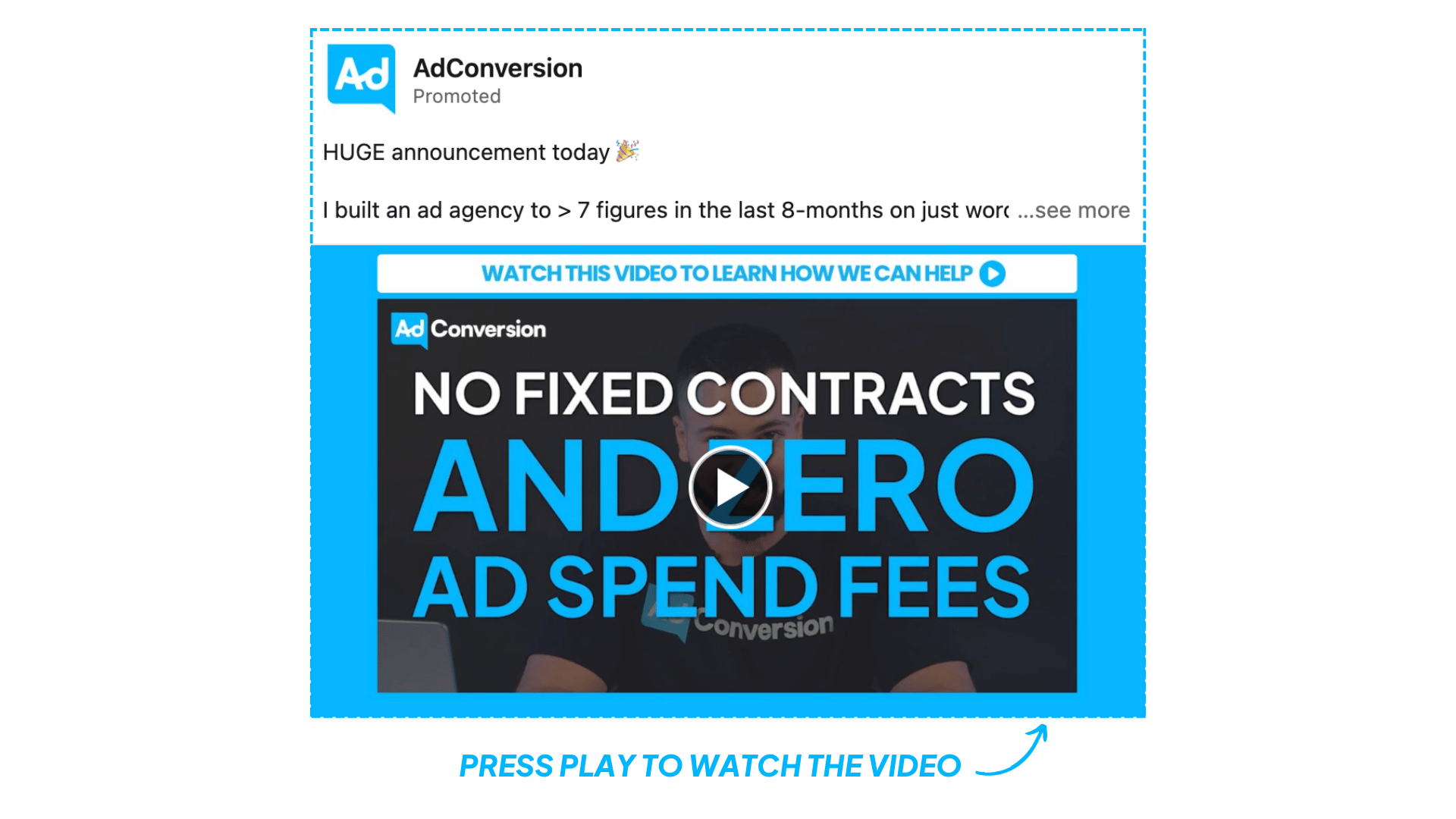 LinkedIn video ad format for AdConversion promoting video on building a 7-figure ad agency with no fixed contracts or ad spend fees