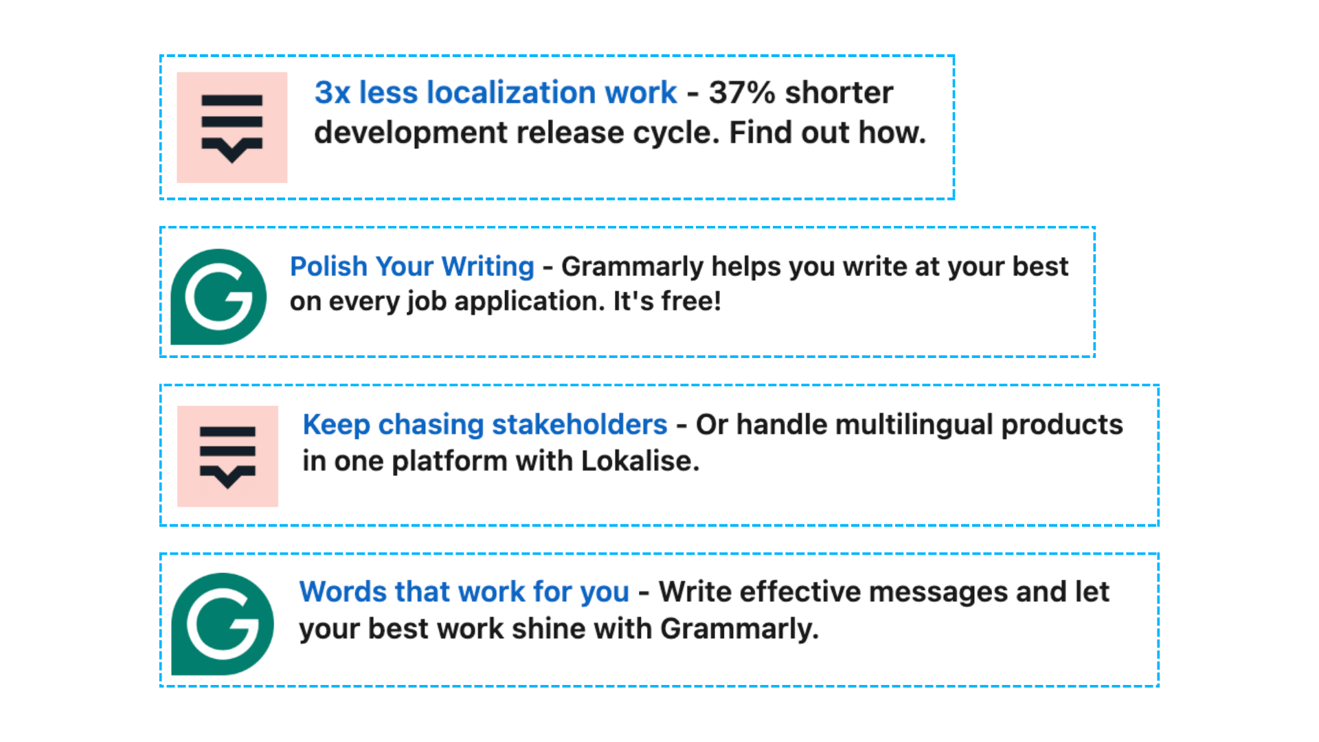 linkedin text ads featuring Lokalise and Grammarly ads