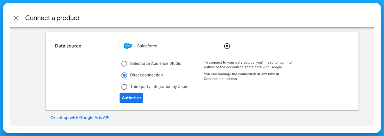 google ads salesforce integration interface showing connection options via salesforce audience studio, direct link or zapier