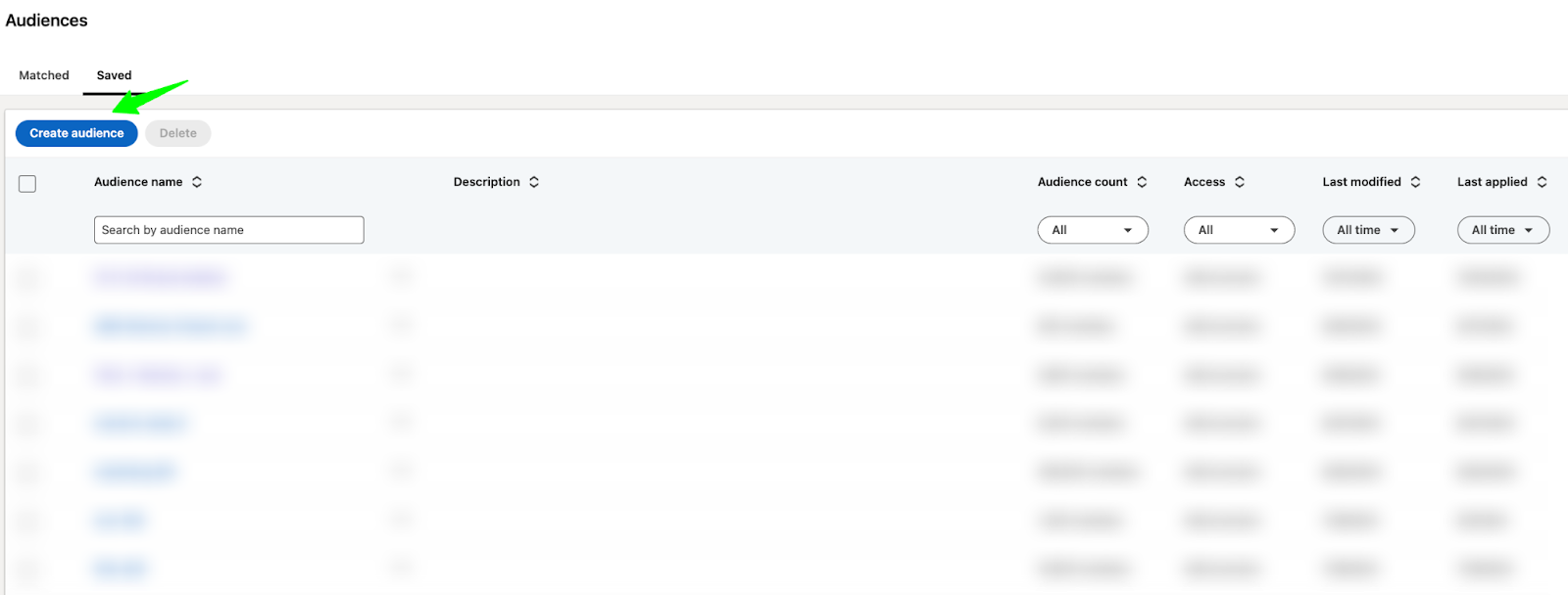 Screenshot of create audience button under Saved Audiences in LinkedIn Campaign Manager