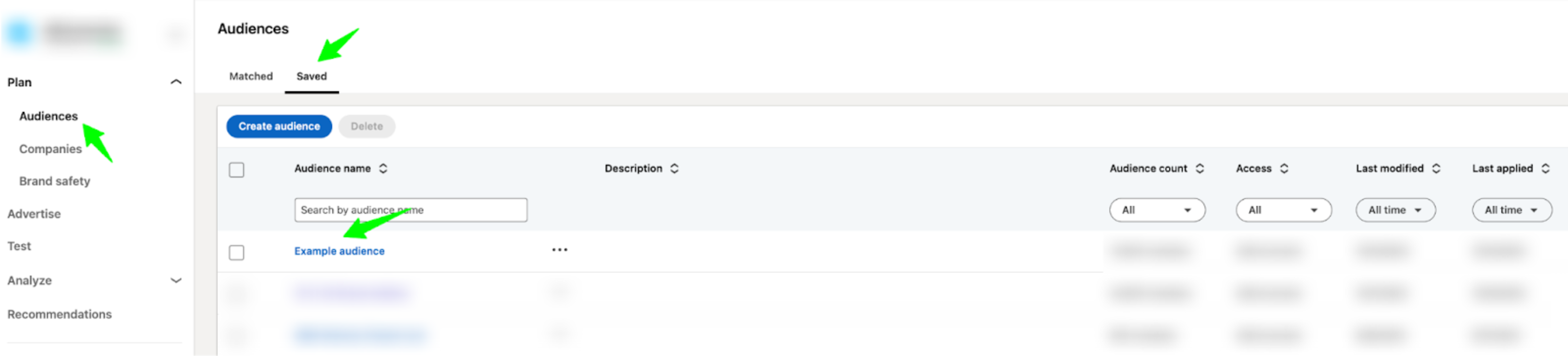 Screenshot explaining how to access your saved audiences in LinkedIn Campaign Manager