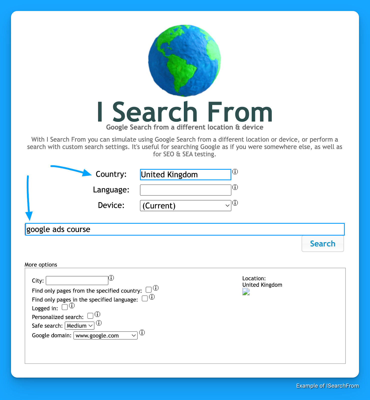 Screenshot of the “I Search From” tool simulating a Google search for “Google ads course” in the UK, useful for competitor analysis in Google Ads.