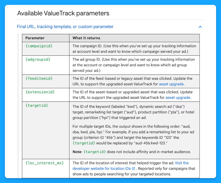 List of ValueTrack parameters in Google Ads with detailed descriptions for effective tracking template customization.