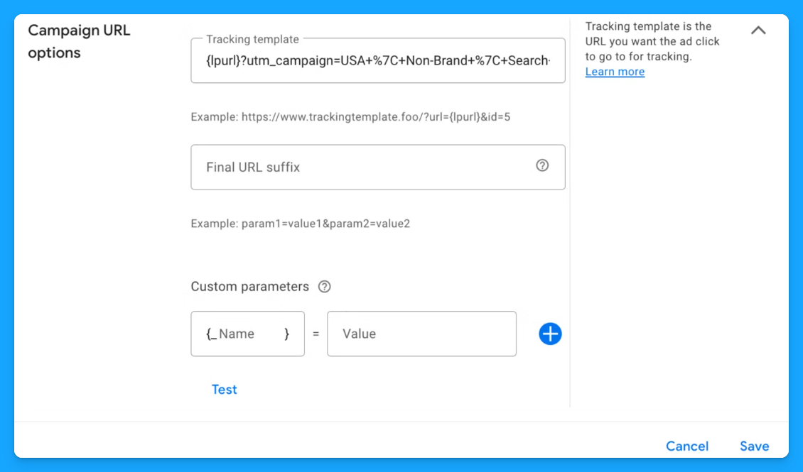 Google Ads URL options page illustrating the input fields for tracking templates and custom parameters configuration.