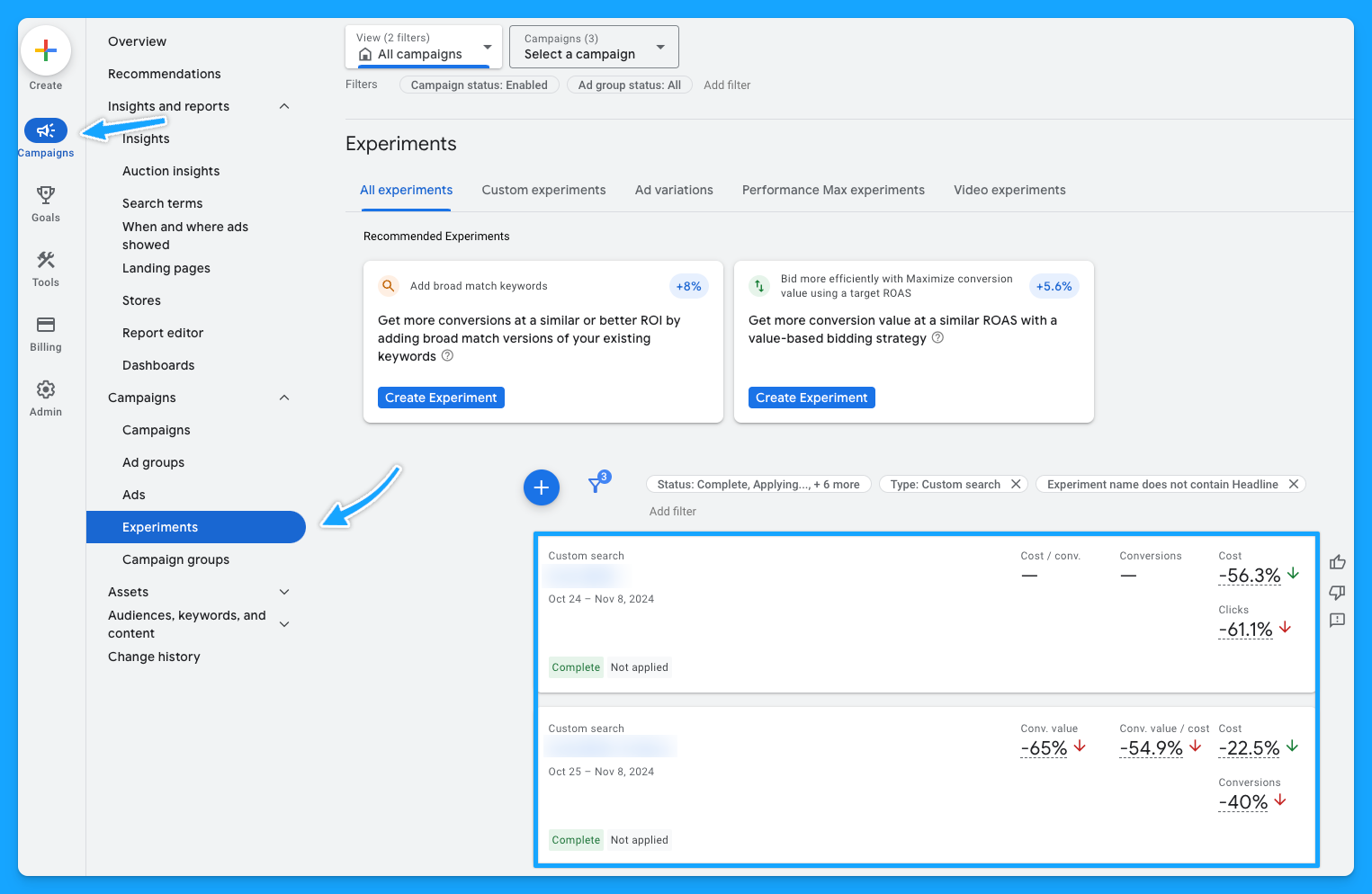 Google Ads experiments dashboard suggesting new tests like broad match keywords for better ROI in Google Ads 