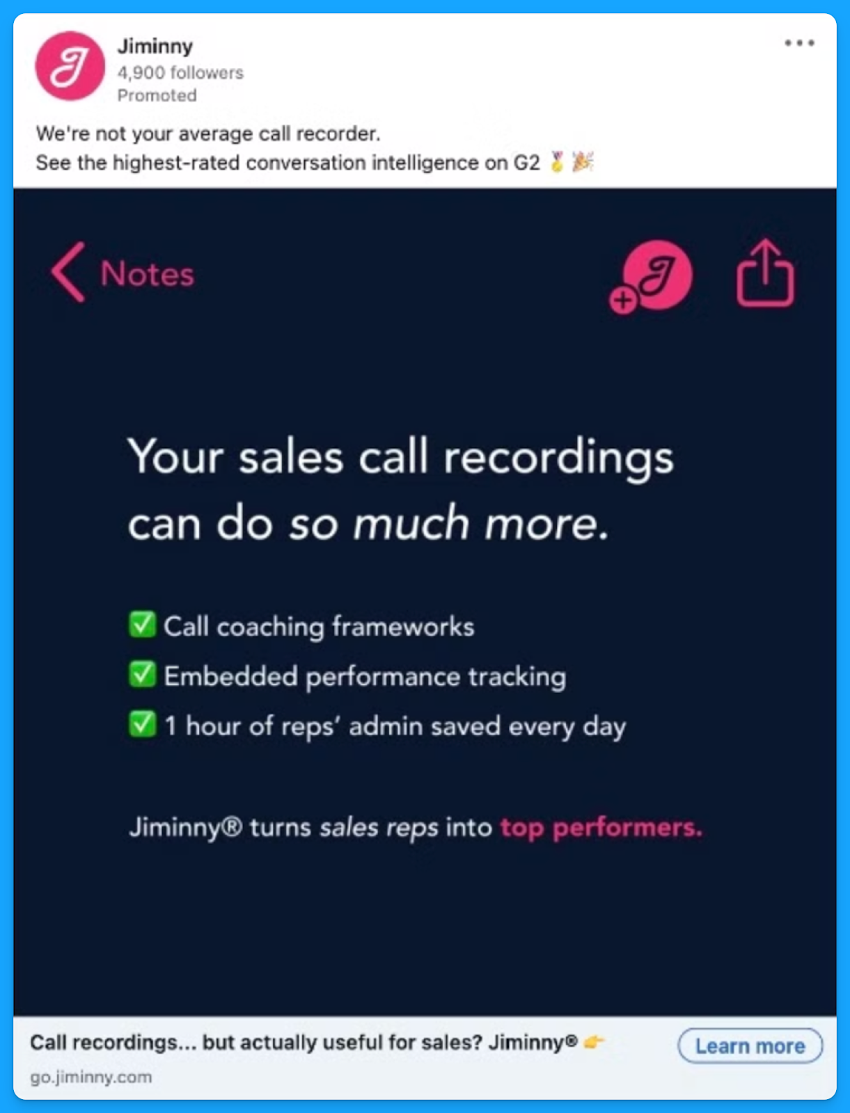 Jiminy ad explaining advanced call recording tools, creatively employing techniques from great B2B ads using direct language